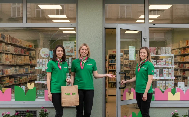 Trzy uśmiechnięte pracownice w zielonych koszulkach z logo i kolorowych apaszkach pozują przed wejściem do Drogerii Natura.